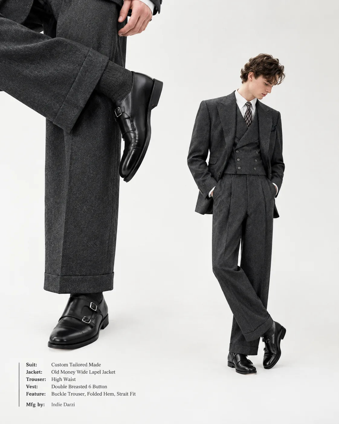 A model wears a dark charcoal gray three-piece suit with a vest, pleated waist, and double-breasted jacket, paired with black leather double-strap dress shoes. The image features a split composition with a close-up of the trousers and shoes on the left, and a full-body shot on the right.